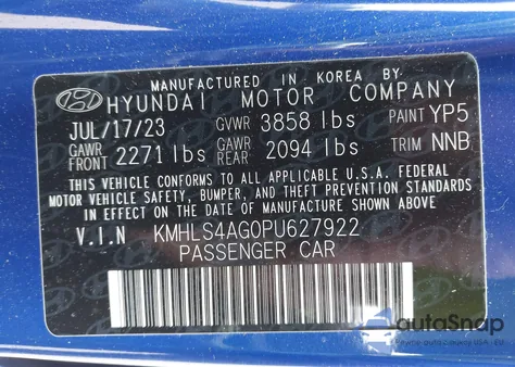 2023 Hyundai Elantra Sel z USA, uszkodzony, nr VIN KMHLS4AG0PU627922